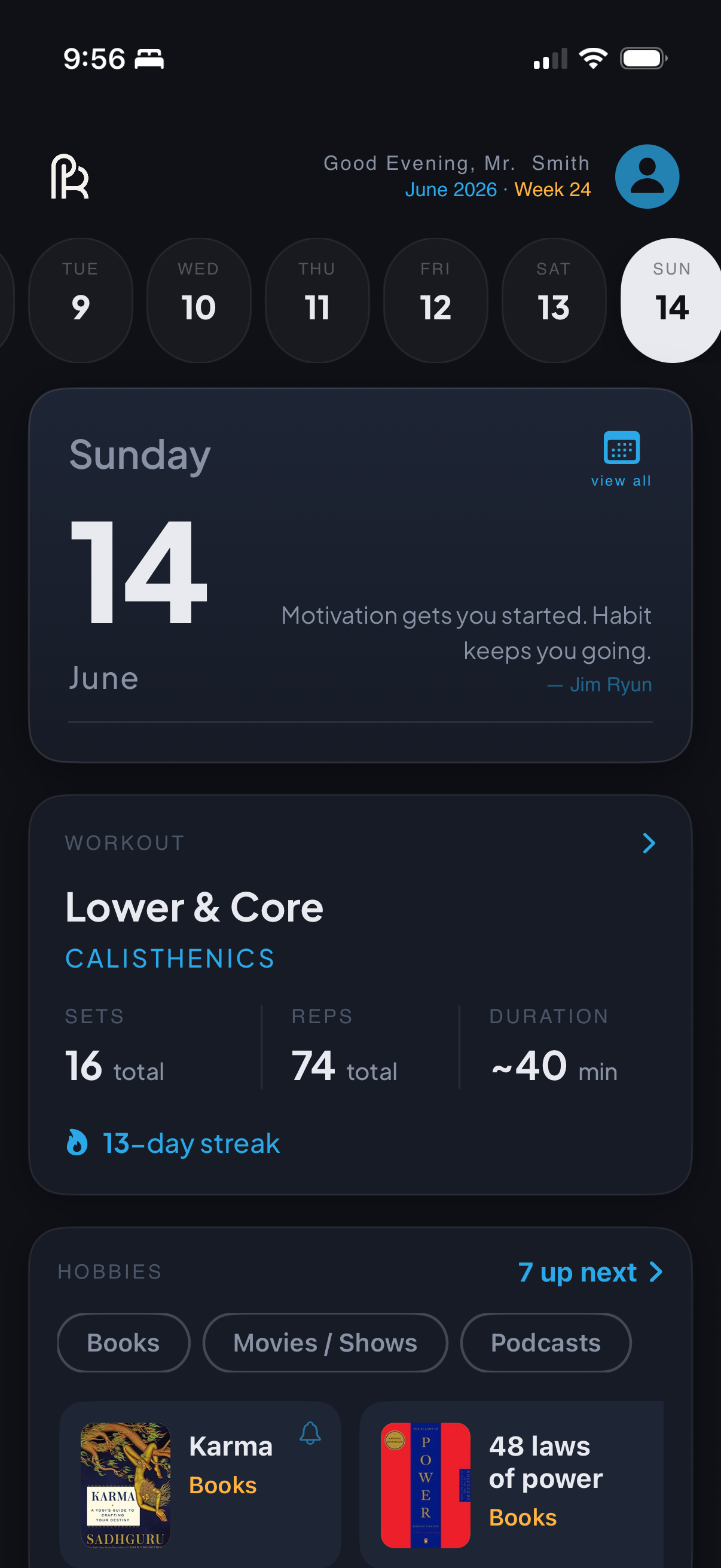 Planro home screen — day planner, streak and workout
